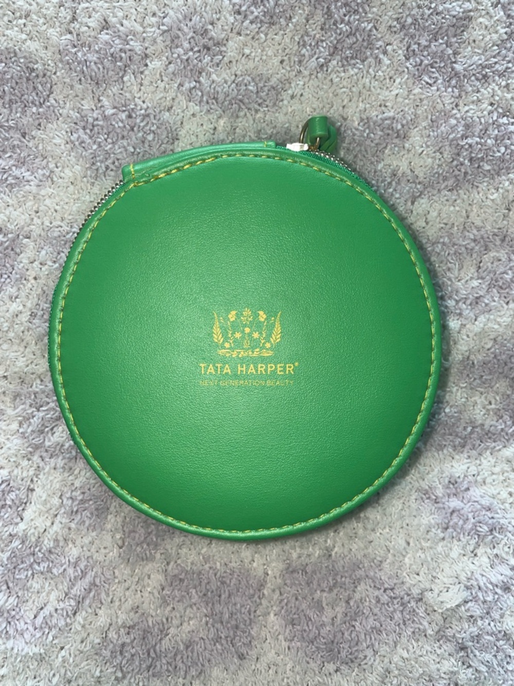 Tata Harper Bright Green Round Zip Pouch with Gold Logo